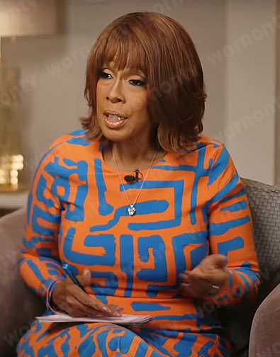 Gayle King’s orange and blue printed dress on CBS Mornings