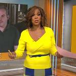 Gayle King’s yellow asymmetric sweater and blue checked skirt on CBS Mornings