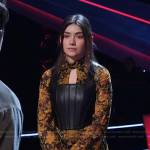 Gina Miles’s black and yellow floral keyhole dress on The Voice