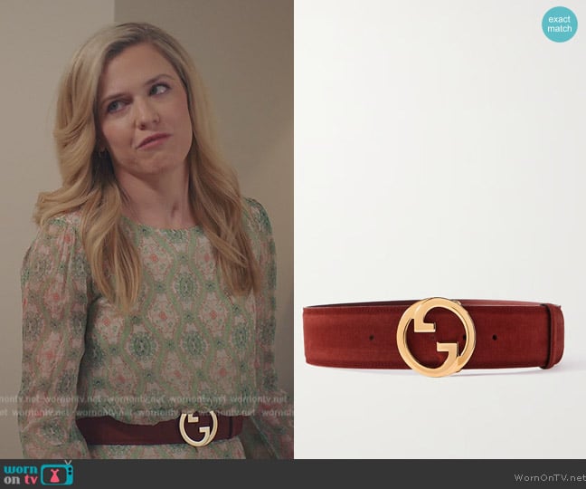 Gucci Blondie suede belt worn by Sadie Ryan (Harriet Dyer) on American Auto