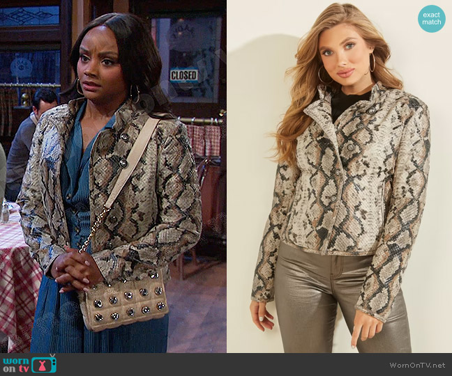 Guess Melania Python Faux-Leather Jacket worn by Chanel Dupree (Raven Bowens) on Days of our Lives