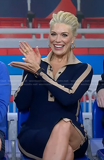 Hannah Waddingham’s navy ribbed contrast trim dress on Today