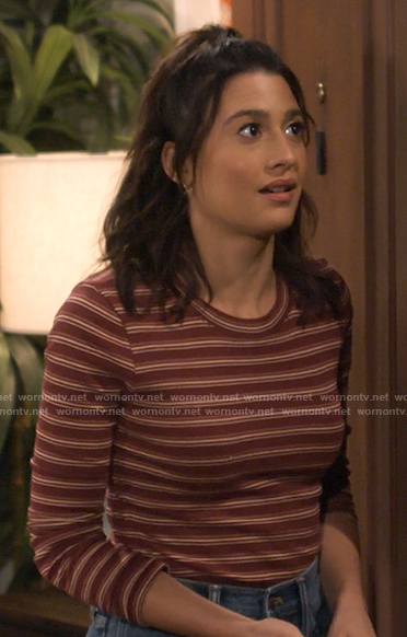 Hannah’s red striped long sleeve tee on How I Met Your Father