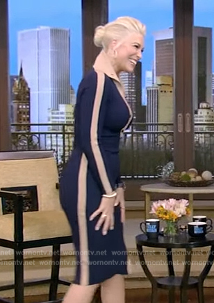 Hannah Waddingham’s navy contrast ribbed dress on Live with Kelly and Ryan
