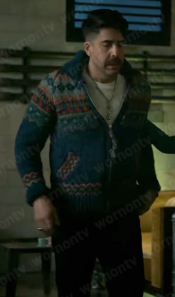 Harry's blue fair isle cardigan on The Equalizer