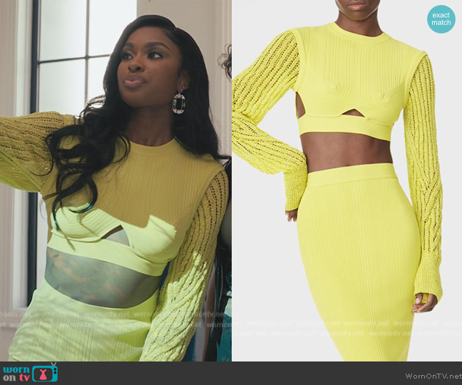 Herve Leger Mixed-Media Cutout Variegated Rib Crop Top worn by Hilary Banks (Coco Jones) on Bel-Air