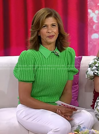 Hoda’s green cable knit puff sleeve sweater on Today