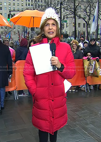 Hoda’s red puffer coat and beanie on Today
