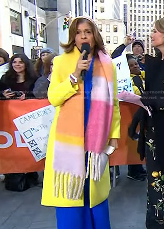 Hoda’s colorblock long scarf and yellow coat on Today