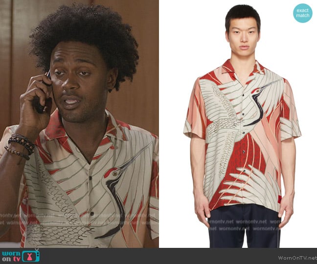 Hugo Multicolor Crane Print Short Sleeve Shirt worn by Noah Koles (Echo Kellum) on Grand Crew