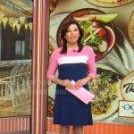 Meg Oliver’s pink and blue colorblock dress on CBS Mornings