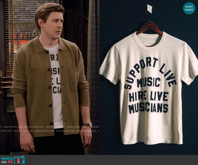 Imogene + Willie the support live music tee in vintage white worn by Jesse (Christopher Lowell) on How I Met Your Father