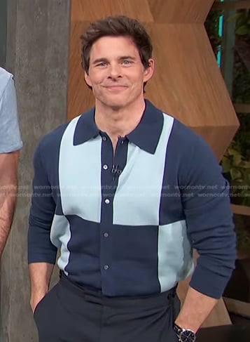 James Marsden's blue colorblock cardigan on Access Hollywood