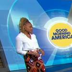 Janai’s orange geometric print pants on Good Morning America