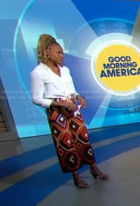 Janai’s orange geometric print pants on Good Morning America