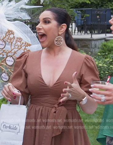 Jennifer's brown tie waist mini dress on The Real Housewives of New Jersey