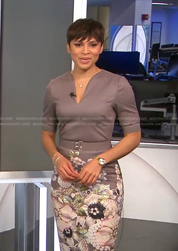 Jericka’s grey floral sheath dress on CBS Evening News