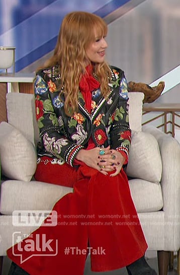 Jewel’s black floral embroidered jacket on The Talk