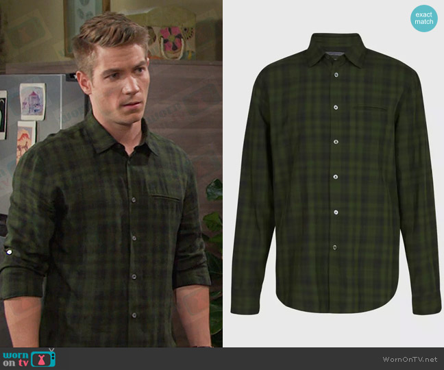 John Varvatos Slim Fit Shirt with Adjustable Sleeve in Bottle Green worn by Tripp Dalton (Lucas Adams) on Days of our Lives