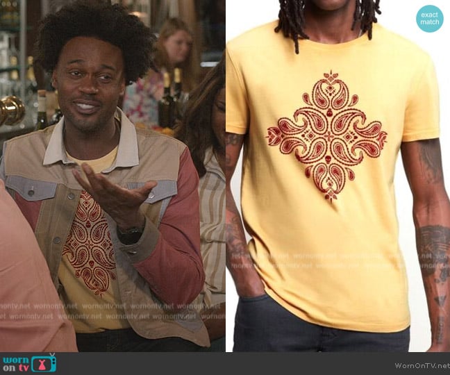 John Varvatos Paisley Print Graphic Tee worn by Noah Koles (Echo Kellum) on Grand Crew