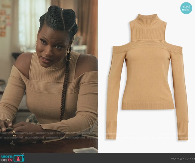 Jonathan Simkhai Off-the-shoulder ribbed-knit sweater worn by Vivian Banks (Cassandra Freeman) on Bel-Air