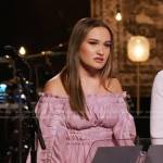 Kala Banham’s pink ruffled off-shoulder dress on The Voice