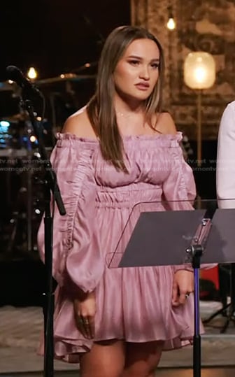 Kala Banham’s pink ruffled off-shoulder dress on The Voice