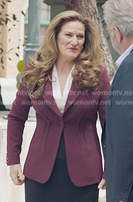 Katherine's burgundy pleated blazer on American Auto