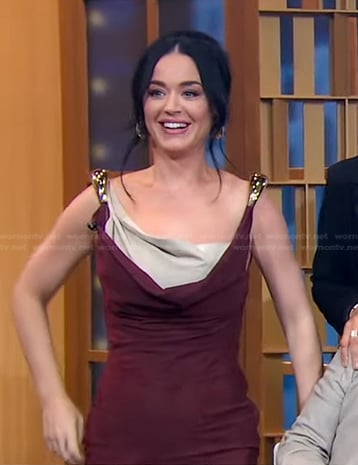 Katy Perry’s burgundy cowl neck dress on Good Morning America