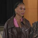 Keisha’s brown leather jacket on All American Homecoming