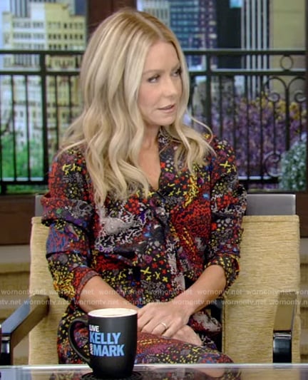 Kelly’s black floral print jumpsuit on Live with Kelly and Mark