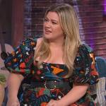 Kelly’s black zodiac print square neck dress on The Kelly Clarkson Show