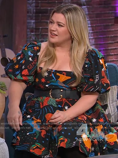 Kelly’s black zodiac print square neck dress on The Kelly Clarkson Show