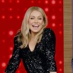 Kelly’s black sequin wrap jumpsuit on Live with Kelly and Ryan