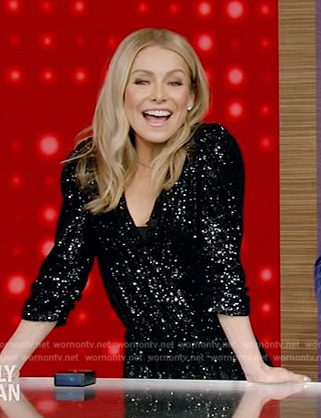 Kelly’s black sequin wrap jumpsuit on Live with Kelly and Ryan