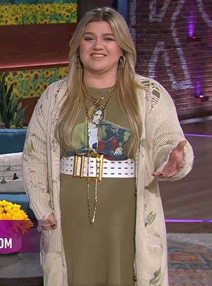 Kelly's Kurt Cobain print dress and distressed cardigan on The Kelly Clarkson Show