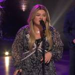 Kelly’s black printed v-neck dress on The Kelly Clarkson Show