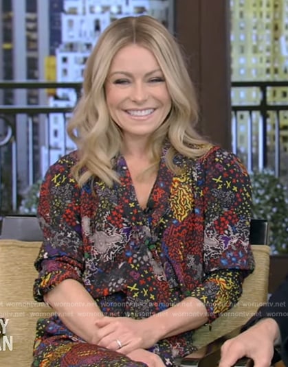 Kelly’s black floral print jumpsuit on Live with Kelly and Mark