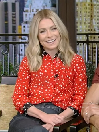 Kelly's red contrast star print blouse on Live with Kelly and Ryan