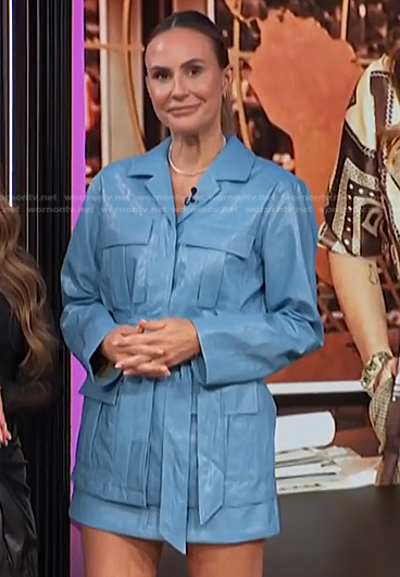 Keltie’s blue leather jacket and mini skirt on E! News