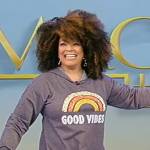 Kim Fields’ Good Vibes print sweater dress on Tamron Hall Show