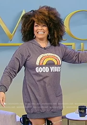 WornOnTV Kim Fields Good Vibes print sweater dress on Tamron