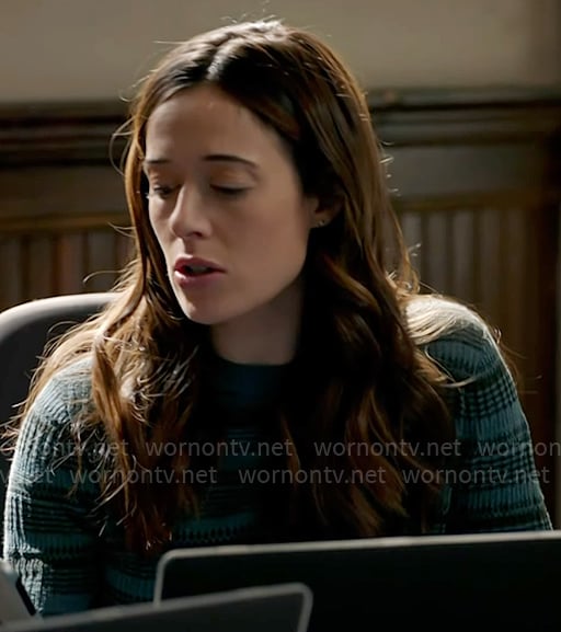 Kim's teal and black printed sweater on Chicago PD