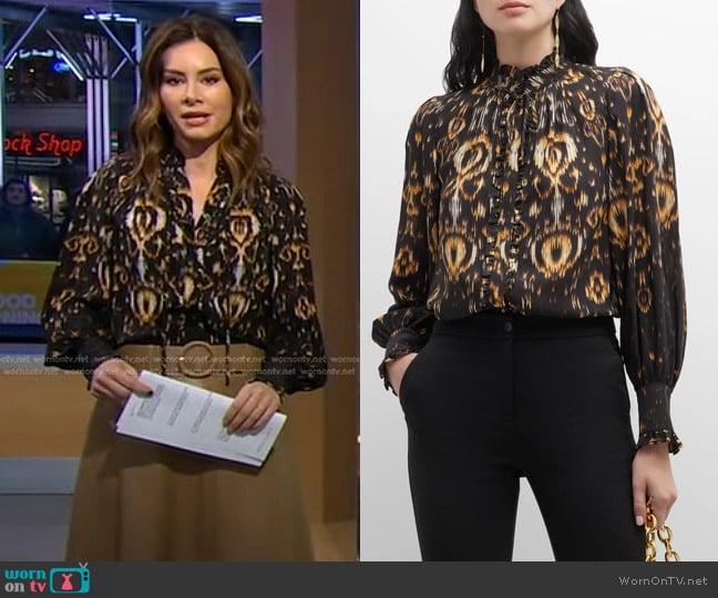 Kobi Halperin Ikat-Print Blouse in Black Multi worn by Rebecca Jarvis on Good Morning America