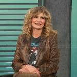 Kyra Sedgwick’s brown snake print leather blazer on Access Hollywood