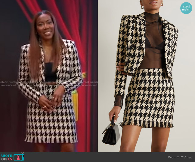L'Agence Inez Cropped Houndstooth Tweed Blazer and Skirt worn by Tiffany Reid on Good Morning America