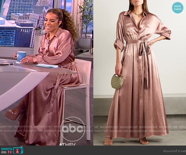 L'Agence Cammi belted plissé-satin maxi shirt dress worn by Sunny Hostin on The View