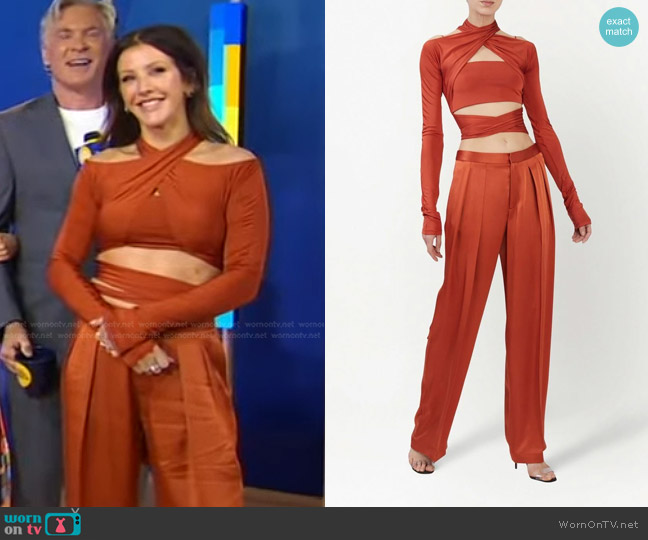 Lapointe Satin-Finish Cut-Out Wrap Top and Trousers worn by Ellie Goulding on Good Morning America