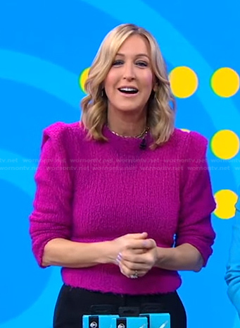WornOnTV: Lara’s purple puff sleeve sweater on Good Morning America ...