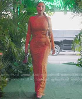 Larsa’s orange metallic cutout dress on The Real Housewives of Miami